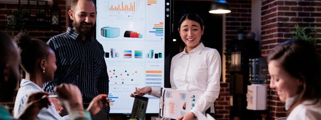 marketing team presenting campaign results and return on ad spend data